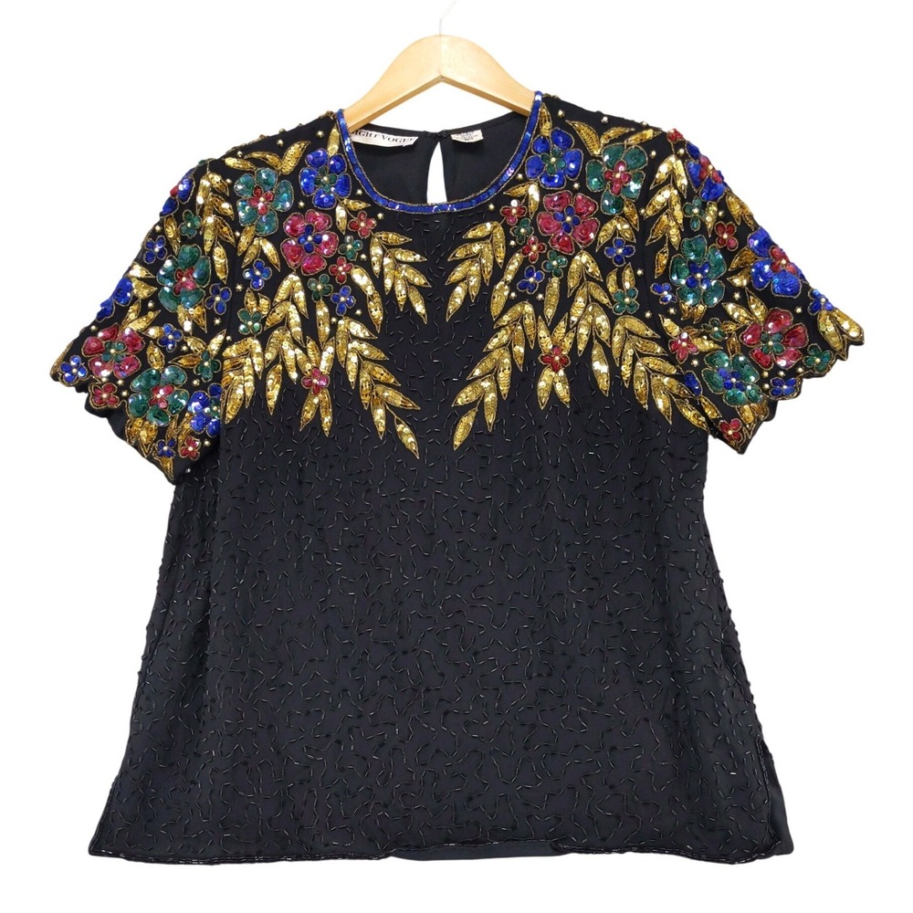 vtg 80s Night Vogue Beaded Silk Blouse Womens M Black Gold Floral Sequin Top